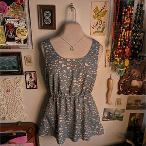 Y2K Fish Print Peplum Blouse Women's Medium Light Blue